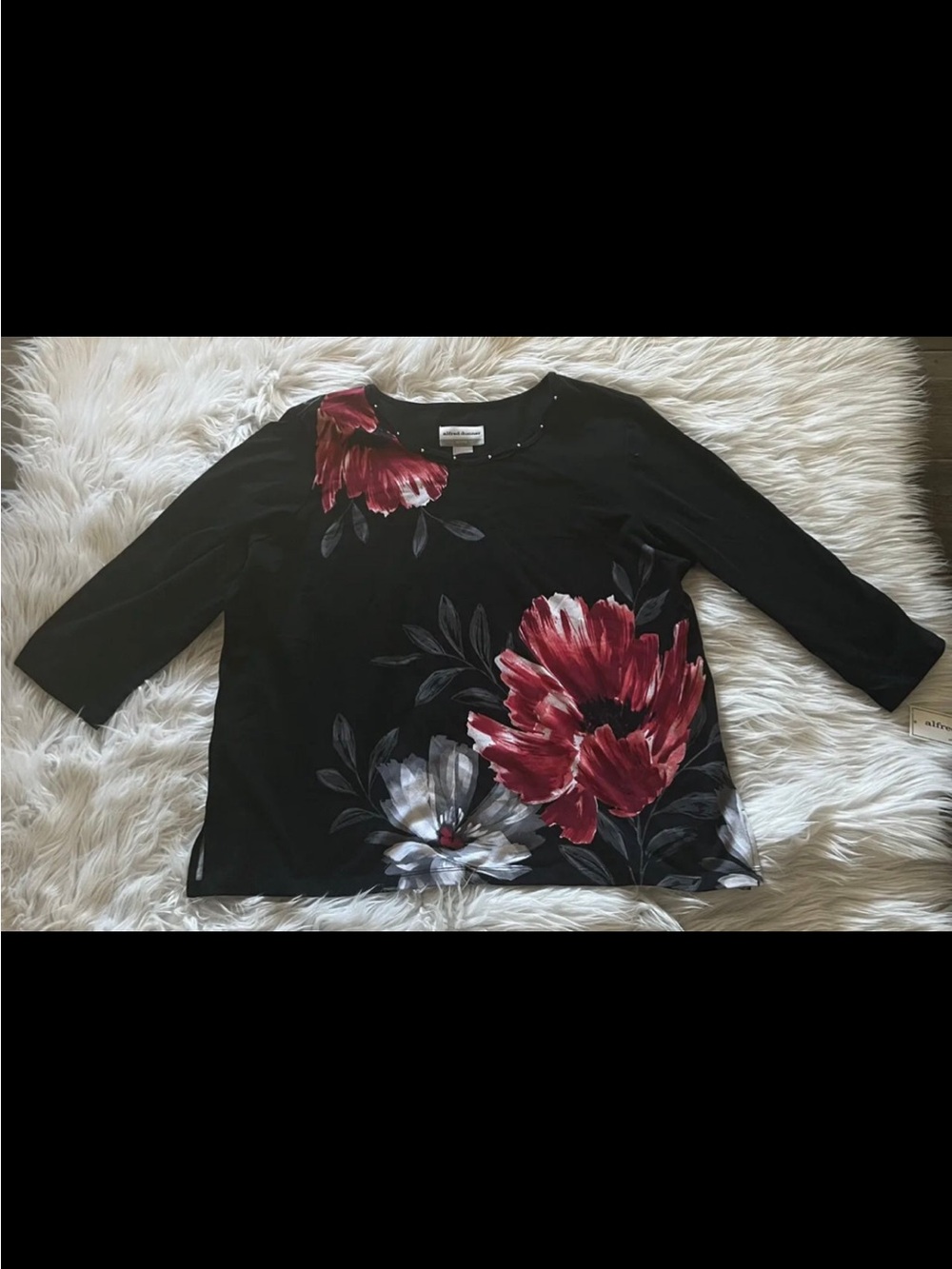 Alfred Dunner Black Long Sleeve Top with Red and White Floral Print